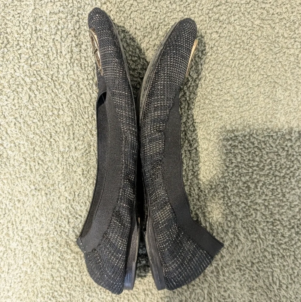 Tory Burch Black Gold Tweed Leather Emblem Slip-On Caroline Ballet Flats 7.5 M